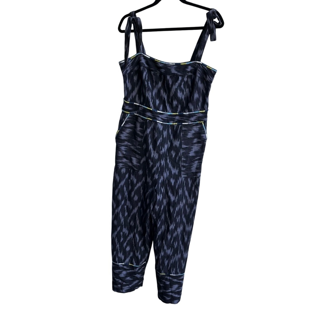 Anthropologie Ettawa Black Ikat Print Tie Strap Jumpsuit Wide Leg Size 12